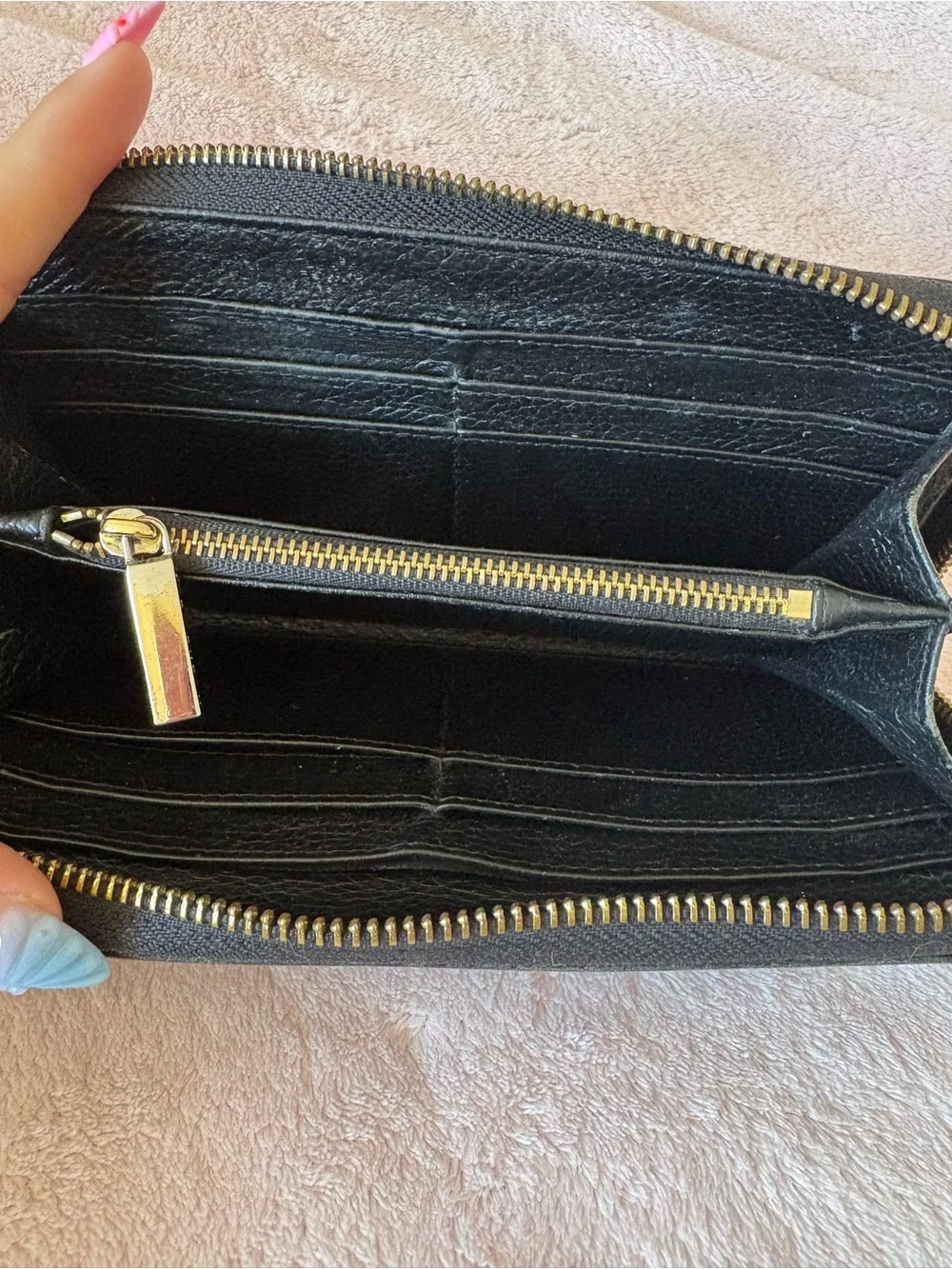 Tory Burch Black Pebbled Leather Zip Wallet with Gold Logo